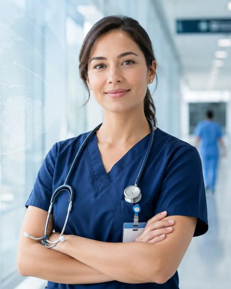 A registered nurse in scrubs
